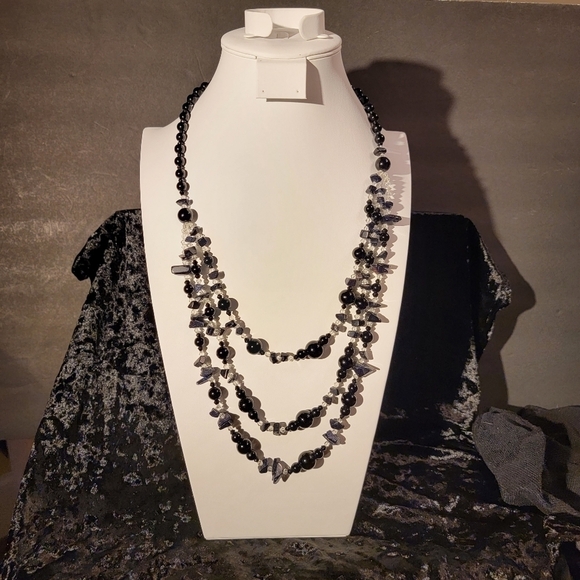 Triple Strand Black Glass Bead, Clear Bead and Black Stone Necklace - Picture 9 of 10